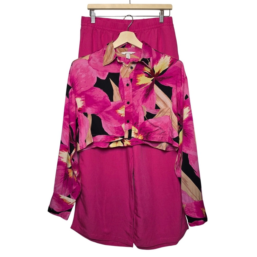 H&M Floral Tropical Pink Long Sleeve Shirt and Wide Leg Pants Set Size Medium